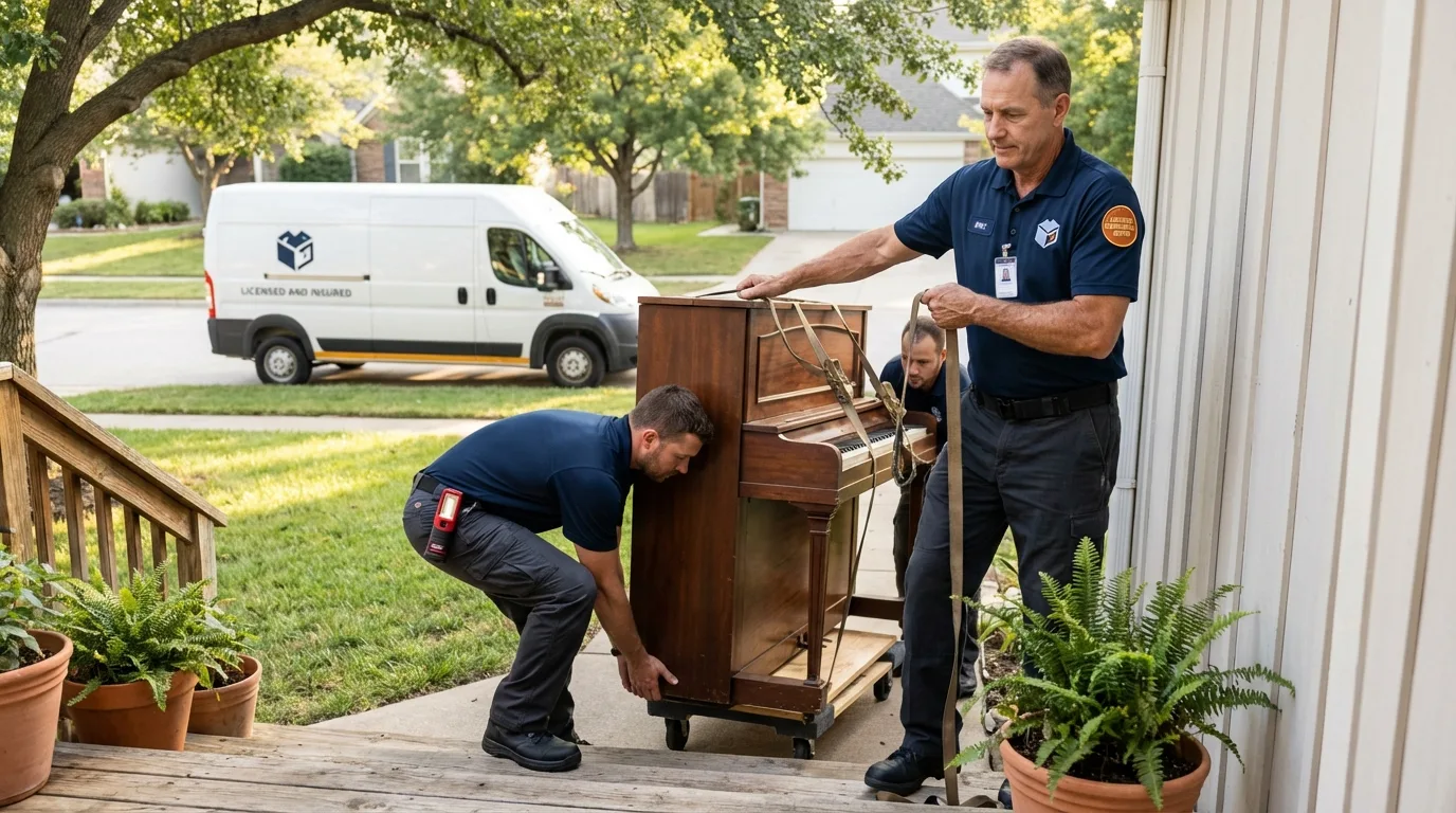 Licensed piano movers securing grand piano in Vero Beach, FL