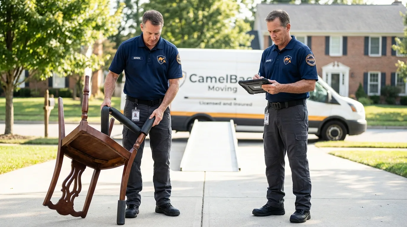 Movers inspecting furniture for damage prevention before loading in Vero Beach, FL