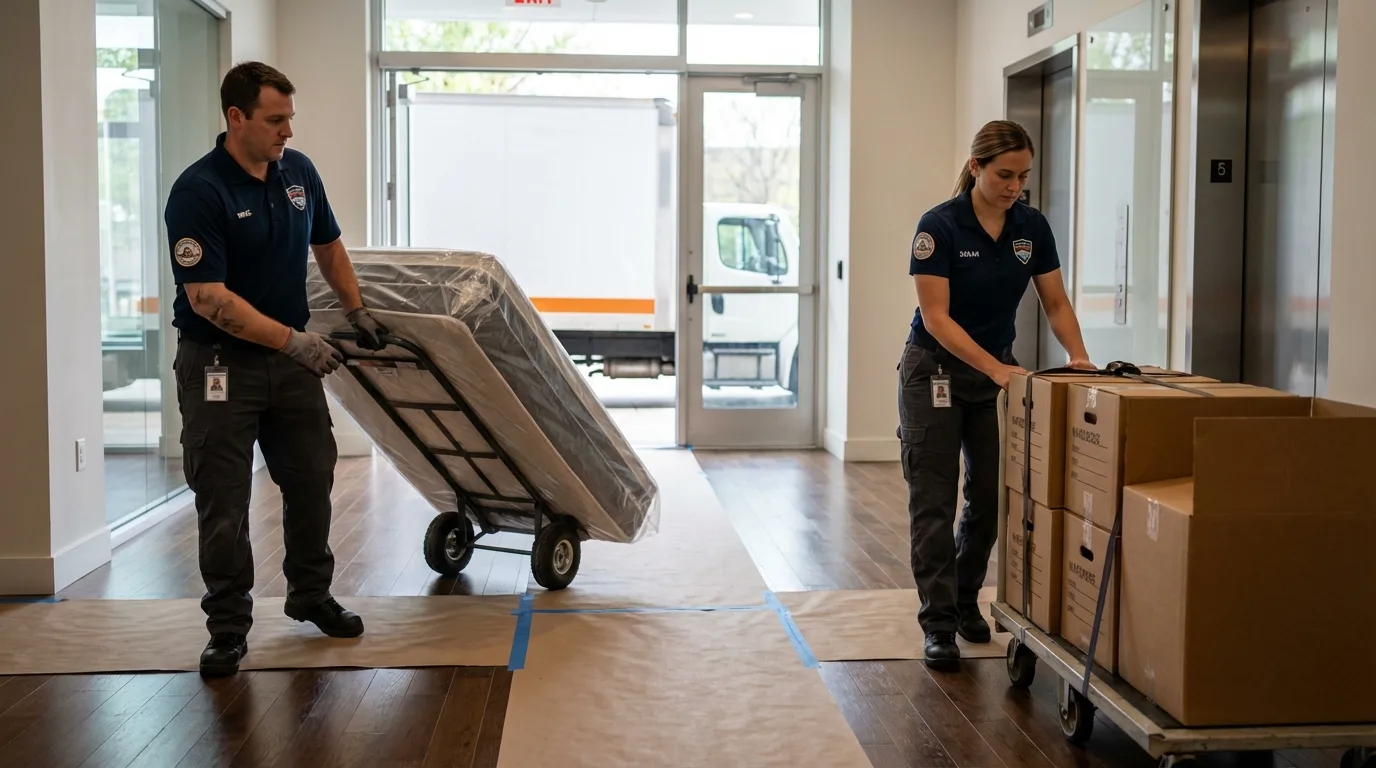 Professional apartment movers loading elevator in Vero Beach, FL