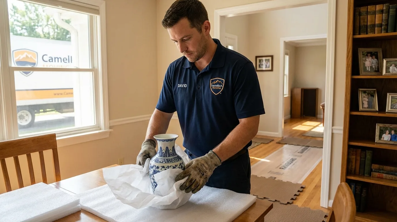 Professional crew carefully wrapping antique vase for senior downsizing move in Vero Beach, FL